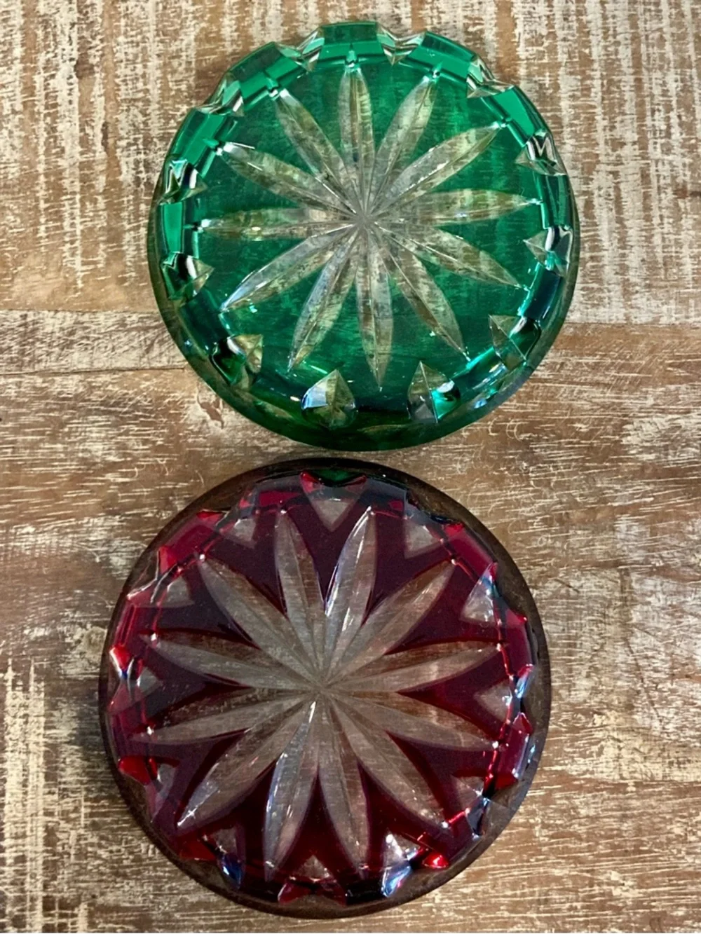 Faberge Xenia Drink Coasters Cut Crystal Red and Green with Starburst Pattern